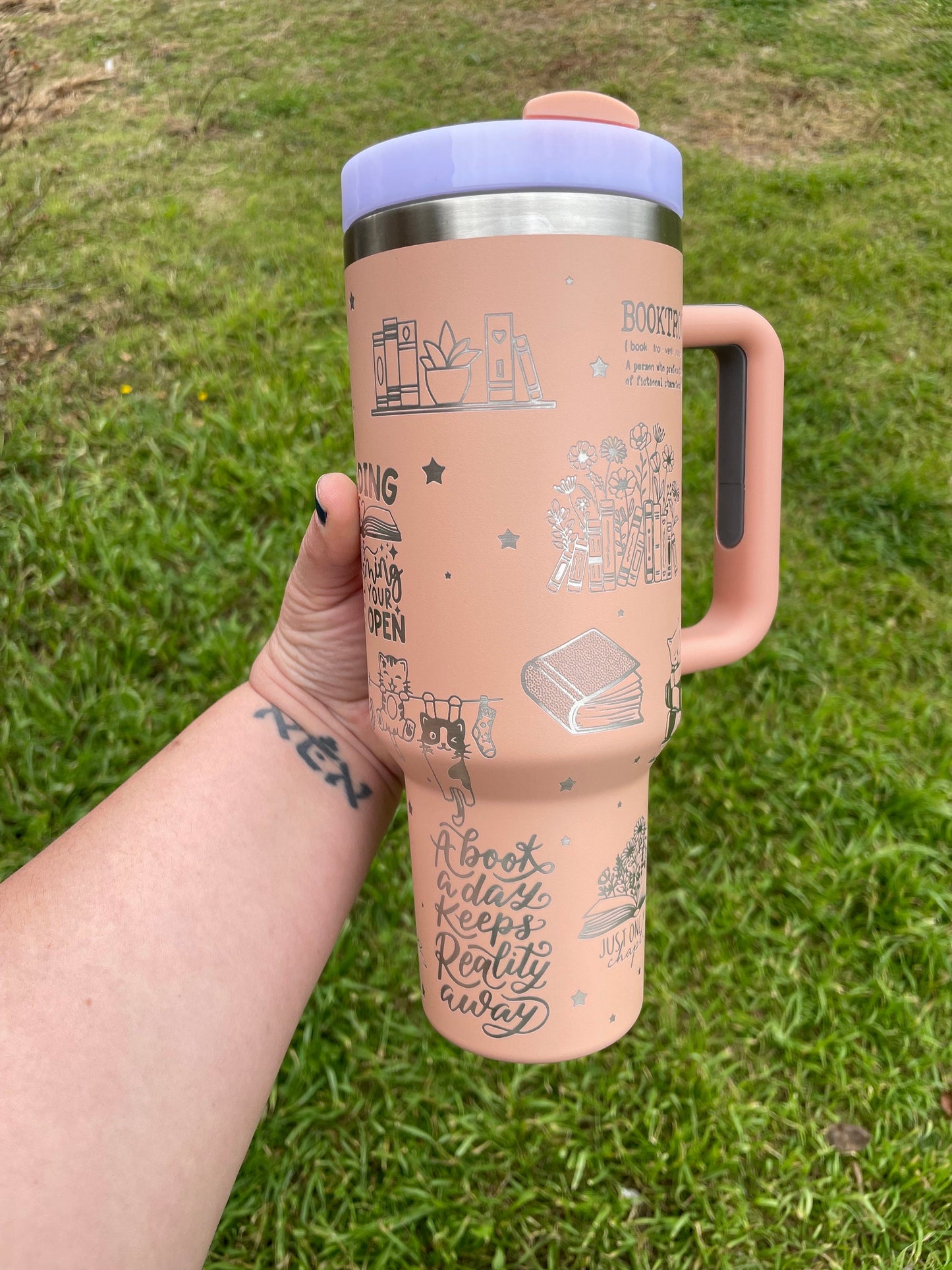 Books and Cats Engraved 40oz Stanley styled Tumbler with various color options