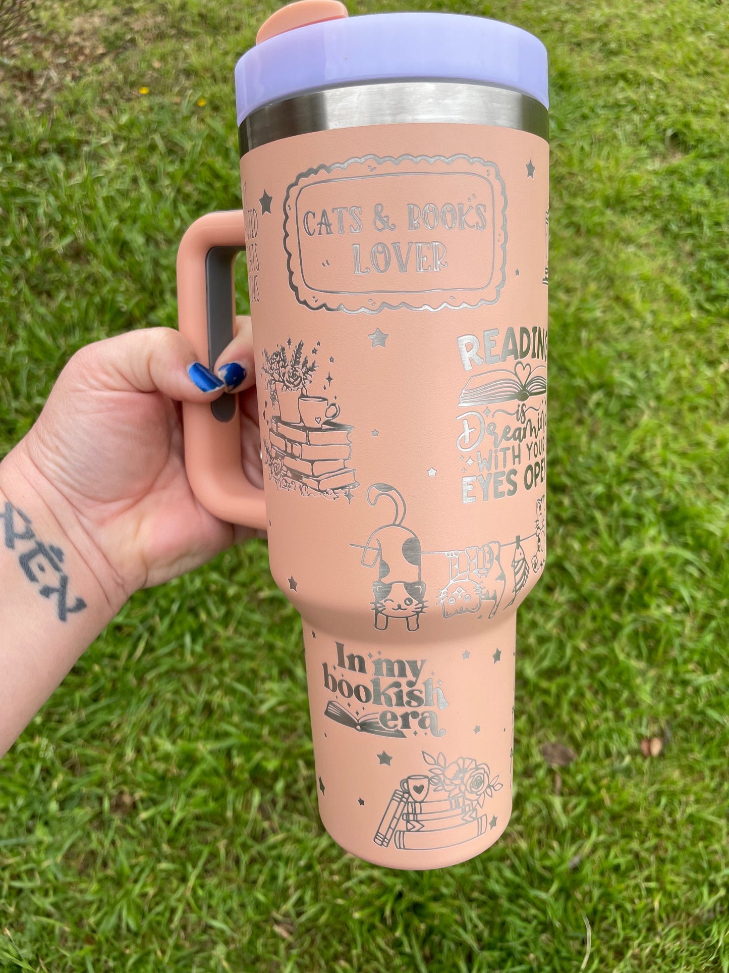 Books and Cats Engraved 40oz Stanley styled Tumbler with various color options