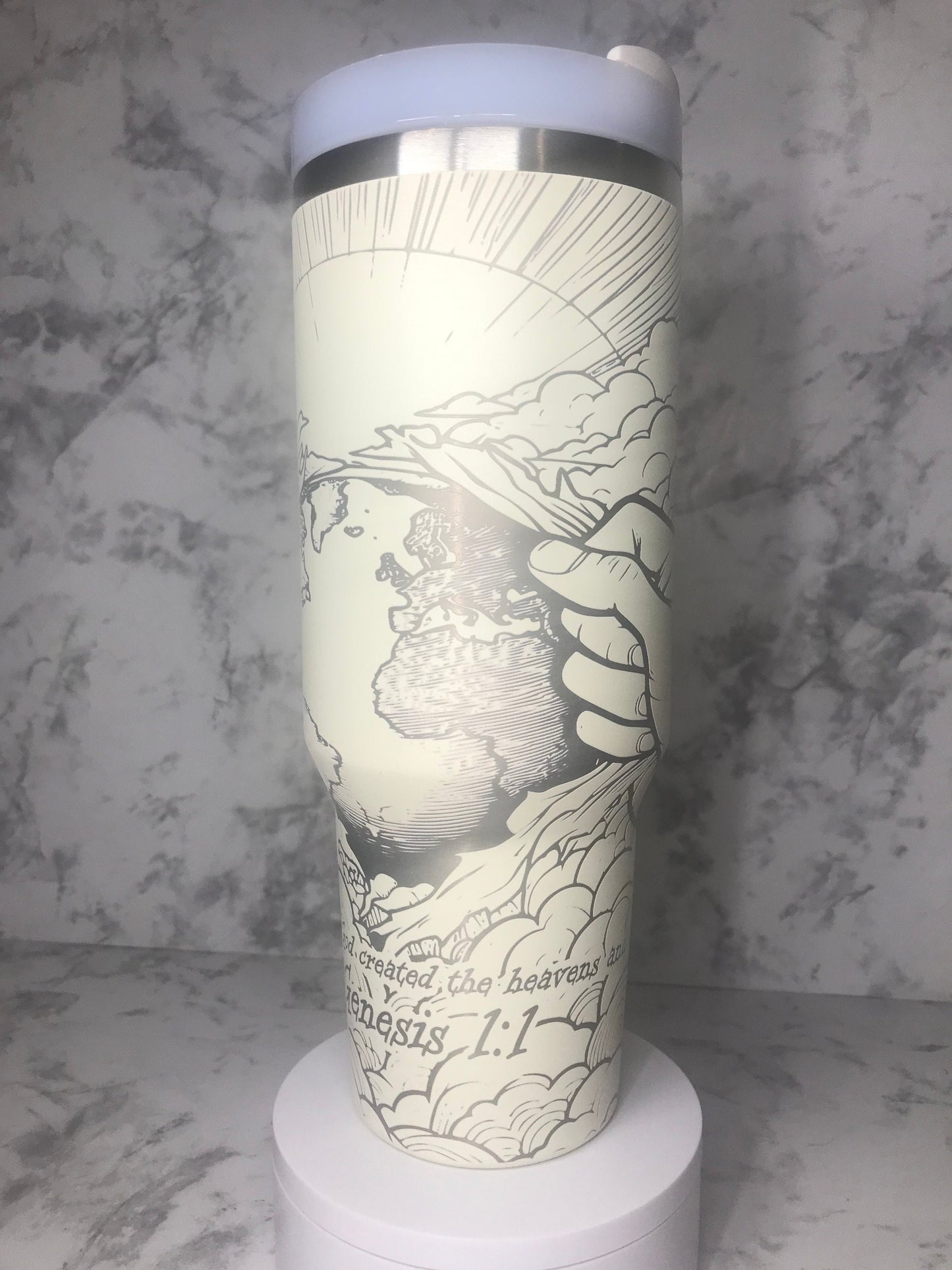 Christian engraved 40oz stainless steel Tumbler wrap showing God separating the heavens from the earth.