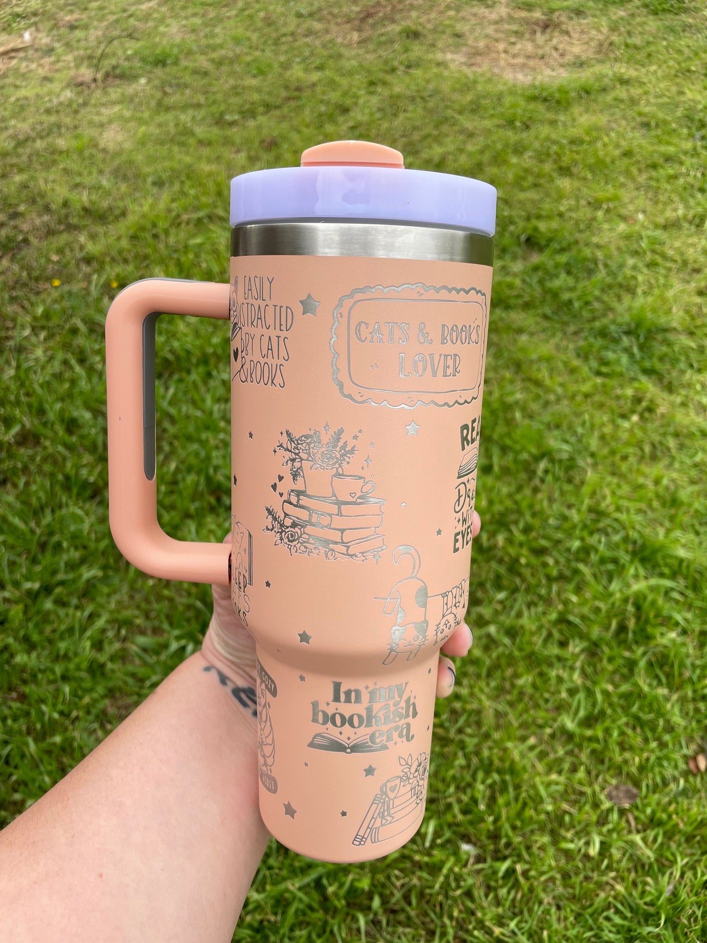 Books and Cats Engraved 40oz Stanley styled Tumbler with various color options