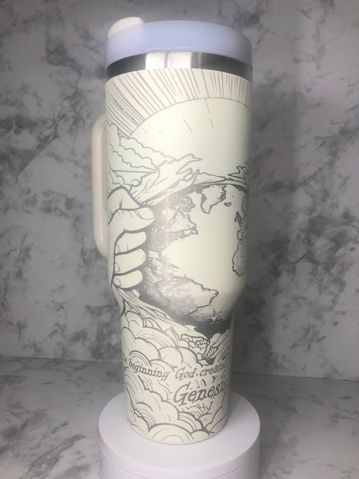 Christian engraved 40oz stainless steel Tumbler wrap showing God separating the heavens from the earth.