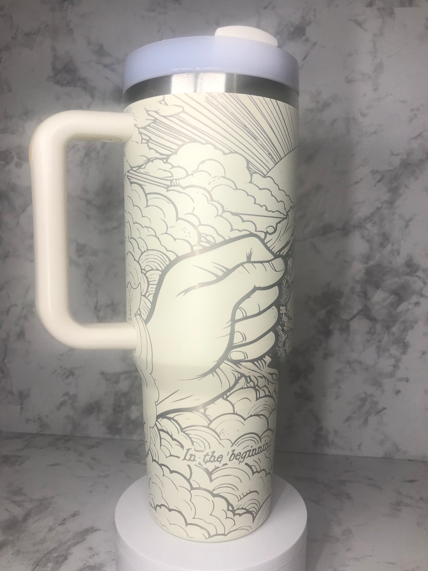 Christian engraved 40oz stainless steel Tumbler wrap showing God separating the heavens from the earth.