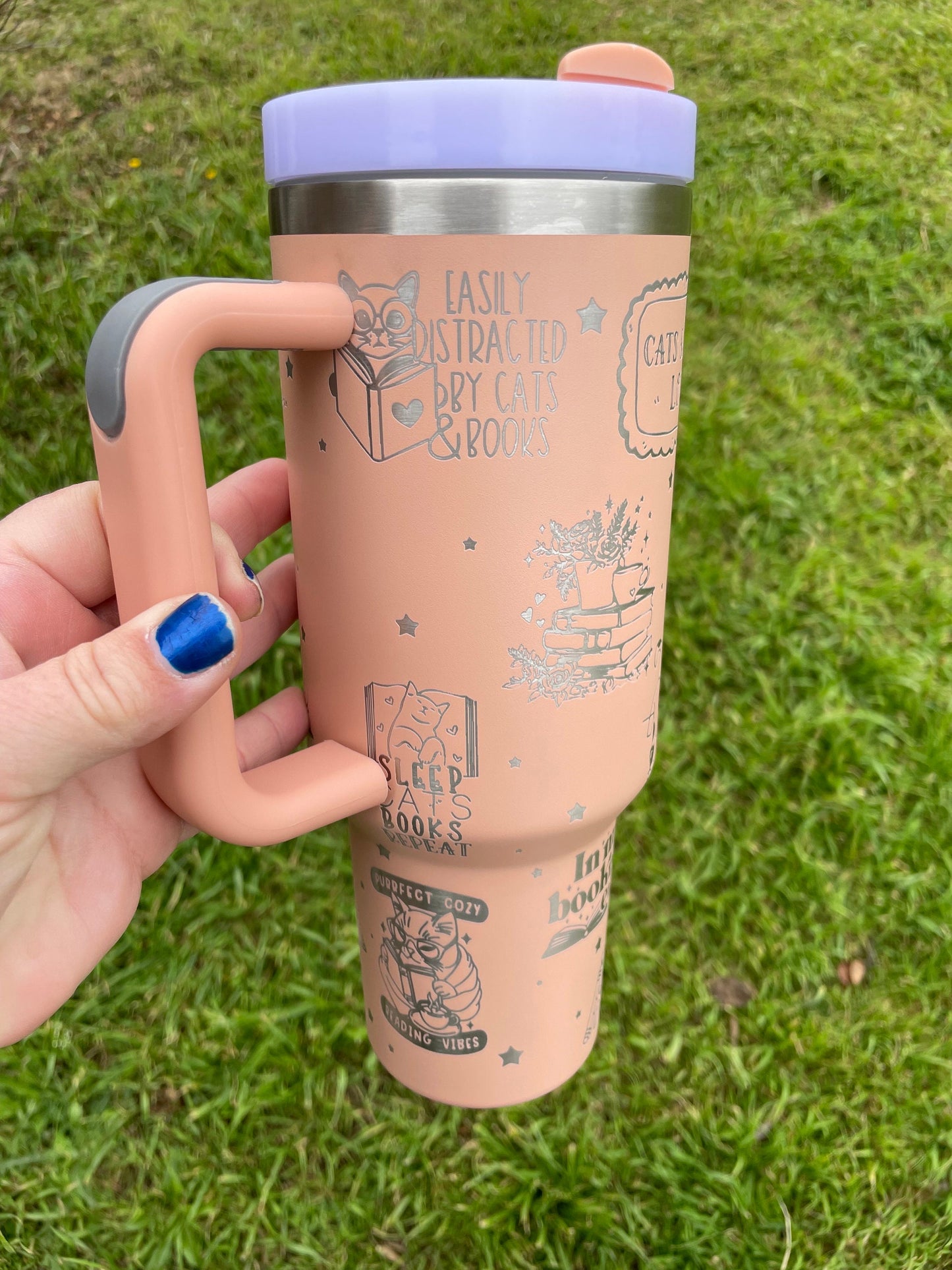 Books and Cats Engraved 40oz Stanley styled Tumbler with various color options