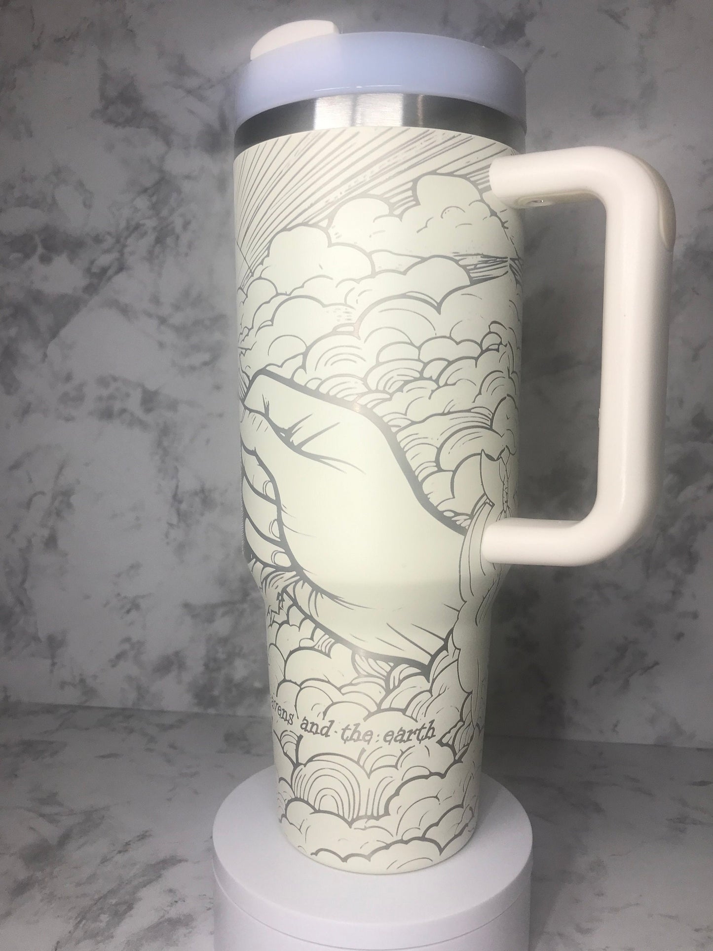 Christian engraved 40oz stainless steel Tumbler wrap showing God separating the heavens from the earth.