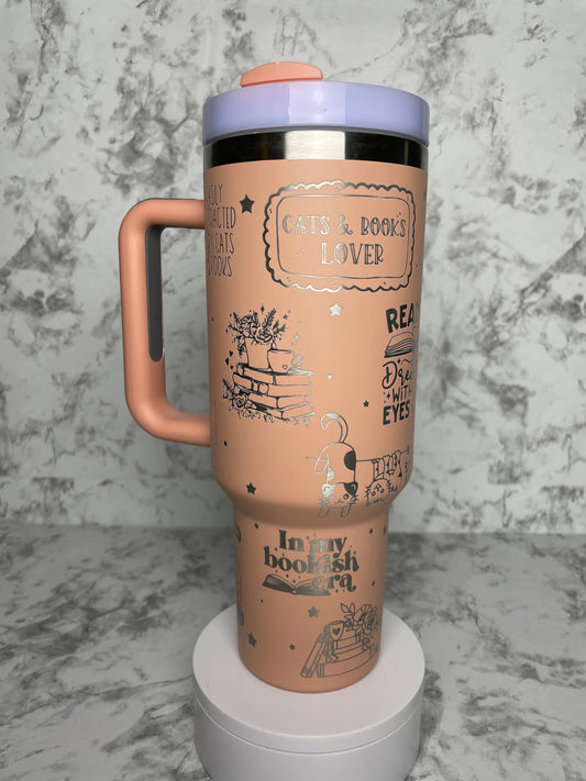 Books and Cats Engraved 40oz Stanley styled Tumbler with various color options