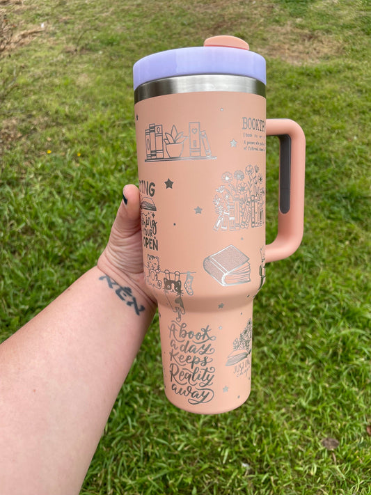 Books and Cats Engraved 40oz Stanley styled Tumbler with various color options