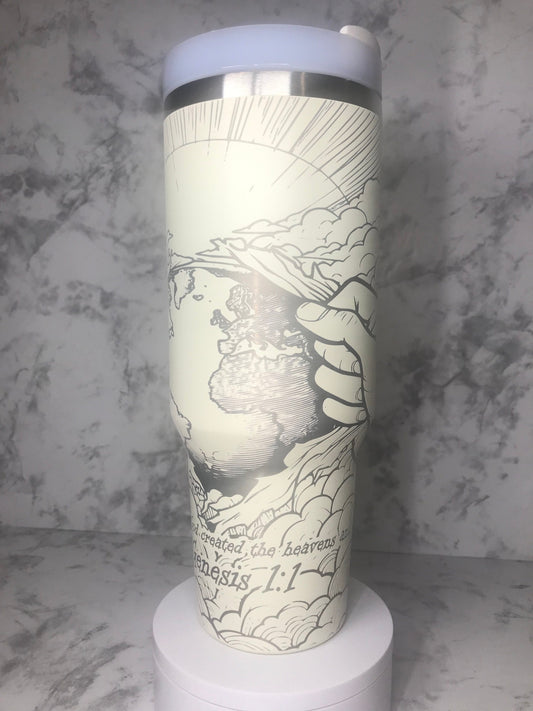 Christian engraved 40oz stainless steel Tumbler wrap showing God separating the heavens from the earth.