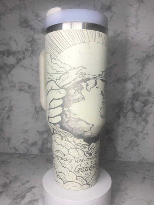 Christian engraved 40oz stainless steel Tumbler wrap showing God separating the heavens from the earth.